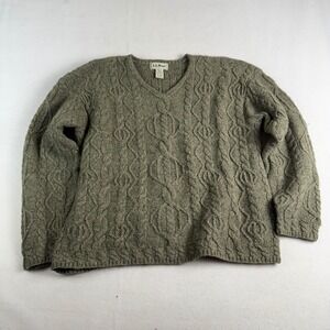 LL Bean Womens Medium Wool Cable Knit V-Neck Sweater Sage Green OAT 28 Vintage